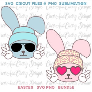 Niedliches Hasengesicht SVG PNG Bundle Retro Ostern SVG Hase mit Brille Kaninchen SVG-Dateien für Cricut Ostern Shirt Design Pink Ostern Sublimation