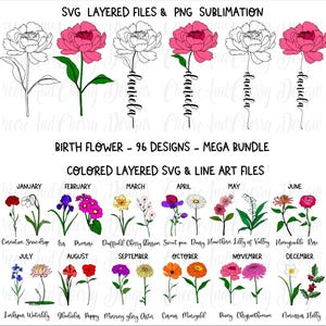 Op de afbeelding: Digitale designbundel met geboortebloemen, waaronder anjer, iris, narcis en meer. De afbeelding bevat SVG-gelaagde bestanden en PNG-sublimatieontwerpen. Tekst bevat "Birth Flower - 96 Designs - Mega Bundle" en bloemnamen.