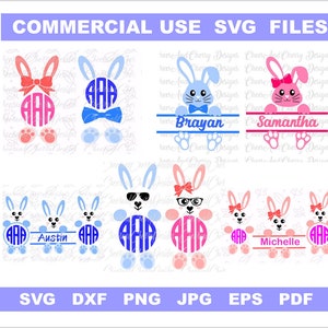 Puede incluir: Un conjunto de seis archivos de corte digital con dise&ntilde;os de conejos con monogramas personalizados. Los dise&ntilde;os incluyen un conejo azul con corbata de lazo, un conejo rosa con lazo, un conejo azul con gafas de sol, un conejo rosa con gafas, un conejo azul con una pancarta de nombre y un conejo rosa con una pancarta de nombre.