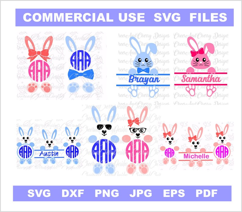 Puede incluir: Un conjunto de seis archivos de corte digital con dise&ntilde;os de conejos con monogramas personalizados. Los dise&ntilde;os incluyen un conejo azul con corbata de lazo, un conejo rosa con lazo, un conejo azul con gafas de sol, un conejo rosa con gafas, un conejo azul con una pancarta de nombre y un conejo rosa con una pancarta de nombre.