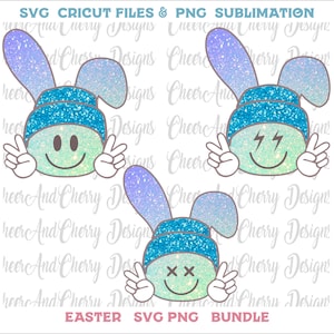 Bunny Face Svg Png Retro Coelhinho Da Páscoa Svg para Meninos Rosto Sorridente Png Faux Glitter Lantejoulas Coelho Fofo Png sublimação Camisa Preppy Páscoa Png