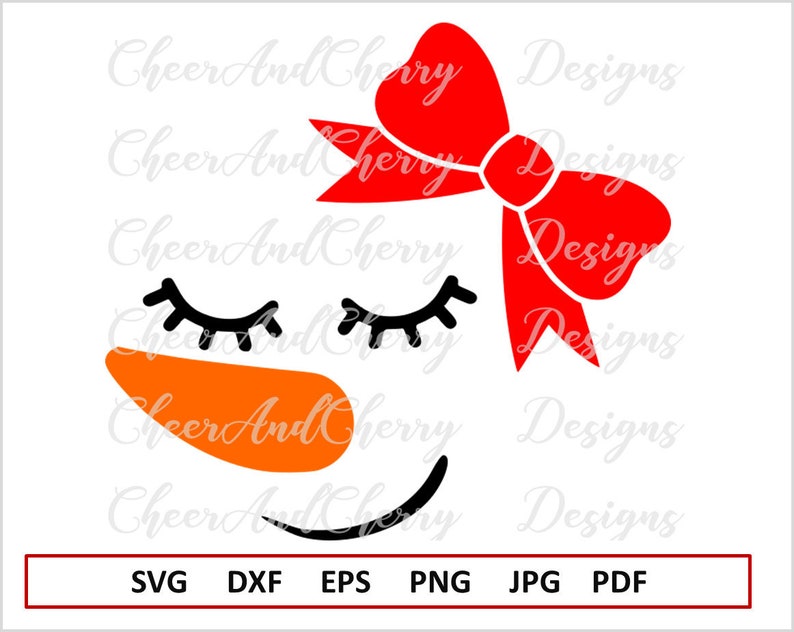 May include: A black and white snowman face with closed eyes, a large orange nose, and a red bow on top of the head.