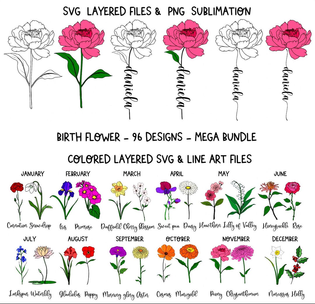 Personalized Birth Flower SVG PNG Bundle, Birth Month Flowers Layered ...