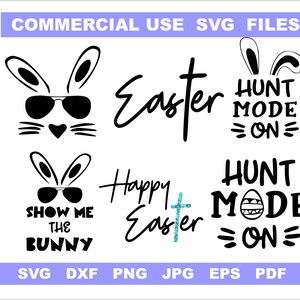 Puede incluir: Un conjunto de seis archivos SVG en blanco y negro con tem&aacute;tica de Pascua. Los dise&ntilde;os incluyen un conejo con gafas de sol, el texto "Feliz Pascua" con una cruz, el texto "Mu&eacute;strame el conejito" con un conejo con gafas de sol, y el texto "Modo de caza activado" con una oreja de conejo y un huevo.