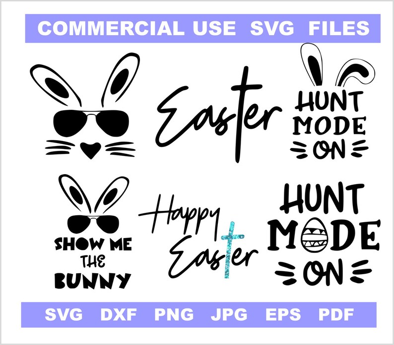 Puede incluir: Un conjunto de seis archivos SVG en blanco y negro con tem&aacute;tica de Pascua. Los dise&ntilde;os incluyen un conejo con gafas de sol, el texto "Feliz Pascua" con una cruz, el texto "Mu&eacute;strame el conejito" con un conejo con gafas de sol, y el texto "Modo de caza activado" con una oreja de conejo y un huevo.
