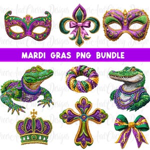 Karneval Bundle PNG, Faux Stickerei Maske Garn häkeln MardiGras Coquette Bogen Chunky Knit Kreuz Gehäkelte Gator Shirt Design Sublimation