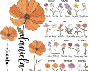 Verjaardag bloem SVG PNG bundel Retro verjaardag Svg-bestanden Vintage geboortemaand bloemen svg Cricut wilde bloemen gesneden bestand aanpassen met namen