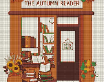 Book Nook Needlepoint Chart PDF Autumn download Books shop Template counted Cross Stitch pattern village DIY charted canvas paint your own