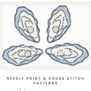 Puede incluir: Un gráfico de punto de cruz con cuatro diseños de ostras estilizadas en tonos azules, crema y melocotón. El texto "NEEDLEPOINT STITCH CHART" está en la parte superior, con "NEEDLE POINT & CROSS STITCH PATTERNS" y "Hand-drawn design" debajo. Diseño dibujado a mano.