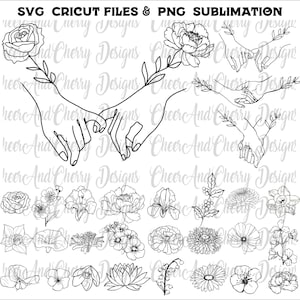 Pakiet SVG PNG z trzymającymi się za ręce, pliki SVG z kwiatami narodzin, Pinky Hold SVG dla Cricut, pliki do cięcia Couple Hands, Weeding Png Dostosuj za pomocą nazw