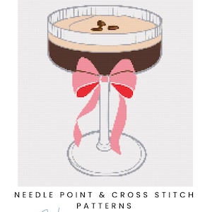 May include: A needlepoint PDF chart featuring a stylized cocktail glass with a brown base, a light tan drink, and a pink bow. The text "NEEDLEPOINT PDF CHART" is at the top, with "NEEDLE POINT & CROSS STITCH PATTERNS" and "Hand-drawn design" below.