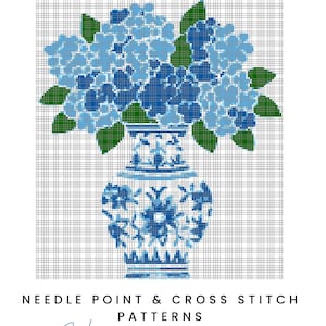 May include: A needlepoint chart featuring a blue and white floral design. The image shows a vase filled with blue hydrangeas. The text at the top reads "Needlepoint Chart", and the bottom text says "Needle Point & Cross Stitch Patterns" and "Hand-drawn design".