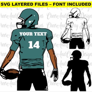 Aangepaste voetbalspeler SVG voetbal SVG gratis lettertype voetbal naam SVG voetbal moeder SVG gekleurde lagen voetbal seizoen clipart vector Cricut