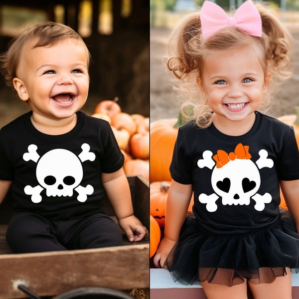 Kids Halloween Skulls SVG PNG bundle Cute Halloween Svg Skulls Bones SVG Skull Png, Girl Skull with bow svg Clipart Boy skeleton Graphics