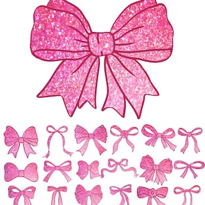 May include: A set of 18 pink glitter bows in various sizes and styles. The bows are perfect for adding a touch of sparkle to any craft project.