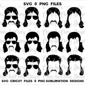 Mullet papa Svg, Classic Mullet Svg avec lunettes de soleil et moustache Country 80s coiffure Svg Western Mens cheveux png Fichiers coupés en couches pour Cricut