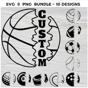 Sport bal Svg Png bundel 10 bestanden - Split ballen GRATIS FONT set Voetbal honkbal Voetbal Basketbal Volleybal Golf Zwembad Tennis bowlen