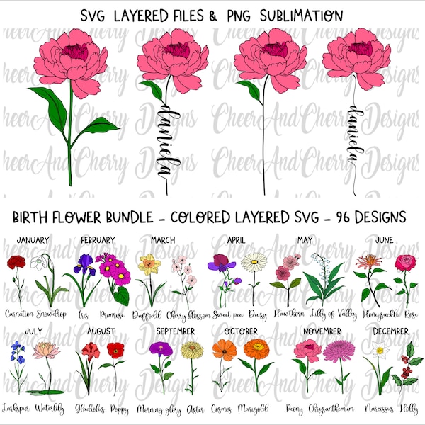 Birthday flower SVG PNG bundle, Birthday Svg files Birth month flowers Layered svg for Cricut Wild flowers Cut File Customize With Names