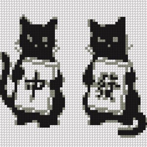 以下が含まれることがあります： 白いエプロンを着た2匹のピクセル化された黒猫。それぞれ十字のようなデザインが施されています。猫はクロスステッチのスタイルで描かれており、白い背景が特徴です。画像はシンプルでグラフィックな美しさを持っています。