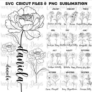 誕生日の花のSVG PNGバンドル、誕生日のSVGファイル、誕生月の花のSVG、Cricut用の野生の花のカットファイル、結婚式のPNG、名前でカスタマイズ