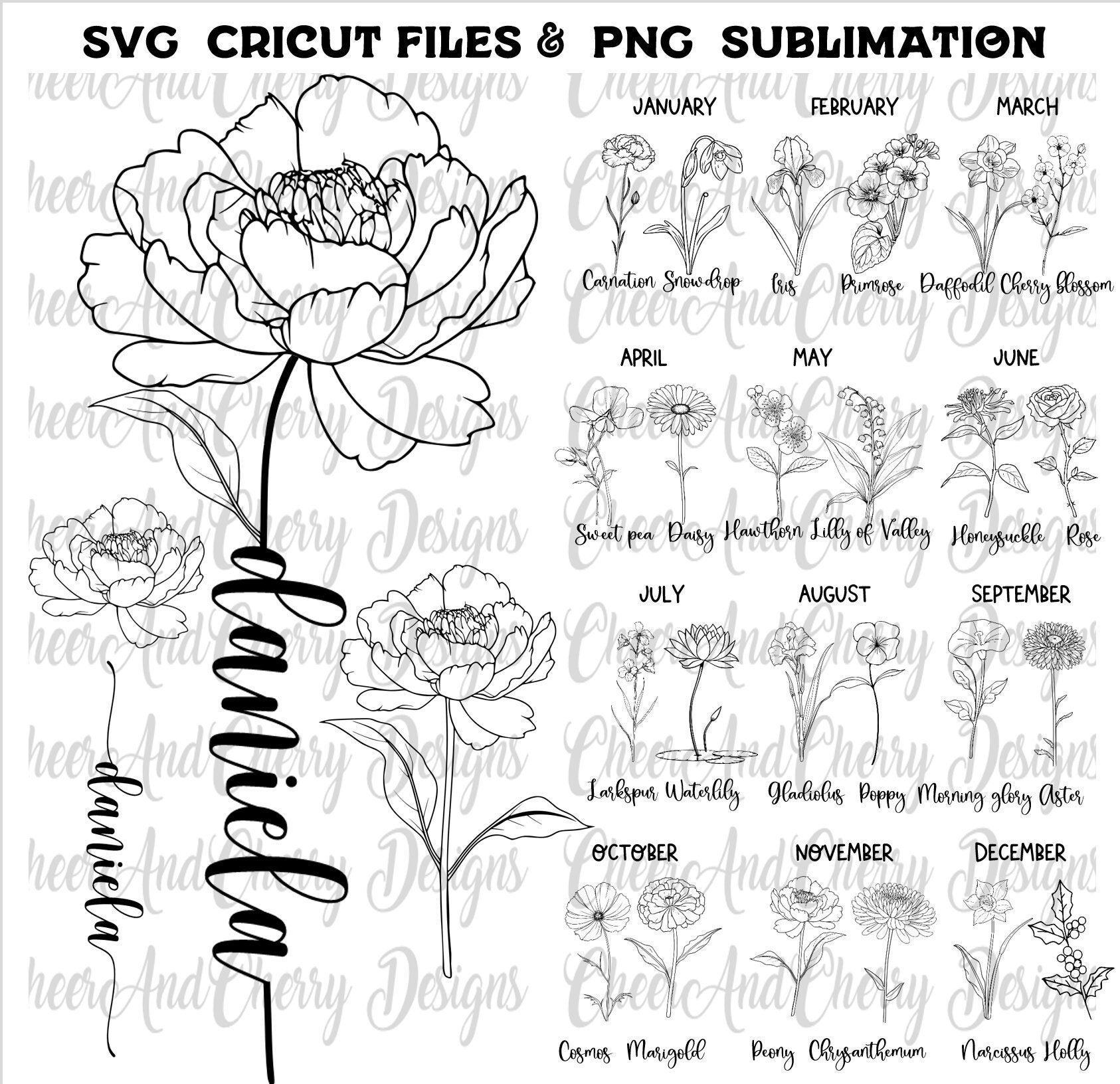 Birthday flower SVG PNG bundle, Birthday Svg files Birth month flowers svg for Cricut Wild flowers Cut File Wedding Png Customize With Names