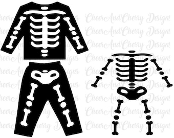 May include: Black and white skeleton costume design for a child. The design includes a long-sleeved shirt and pants with a skeleton graphic.