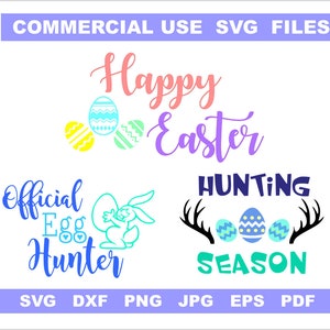 Puede incluir: Cuatro dise&ntilde;os digitales para Pascua con huevos coloridos y texto. Los dise&ntilde;os incluyen "Feliz Pascua", "Cazador de huevos oficial", "Temporada de caza" y un conejito sosteniendo un huevo.
