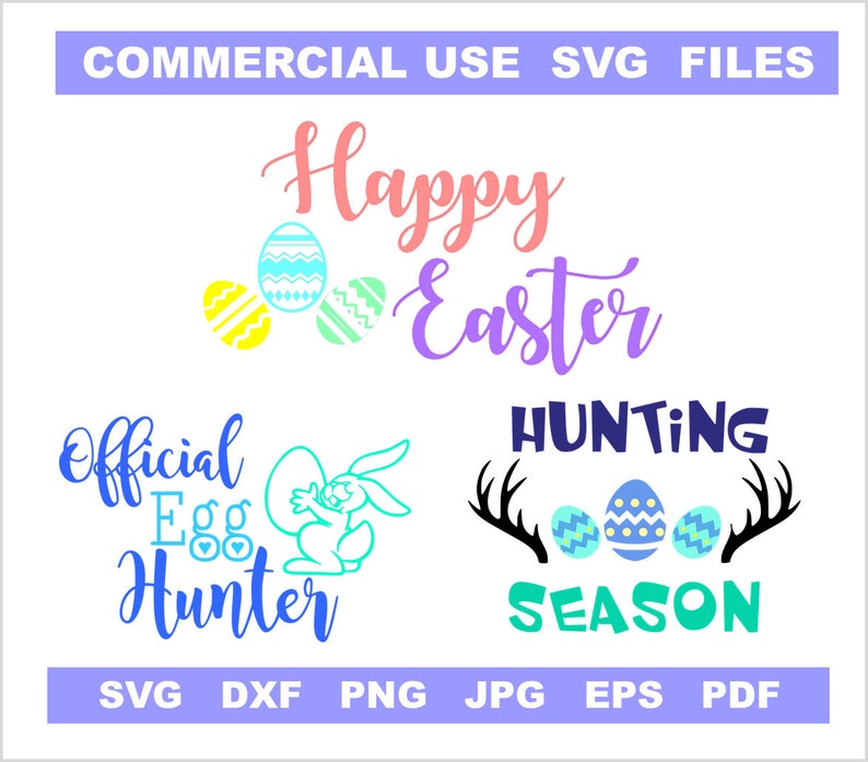Puede incluir: Cuatro dise&ntilde;os digitales para Pascua con huevos coloridos y texto. Los dise&ntilde;os incluyen "Feliz Pascua", "Cazador de huevos oficial", "Temporada de caza" y un conejito sosteniendo un huevo.