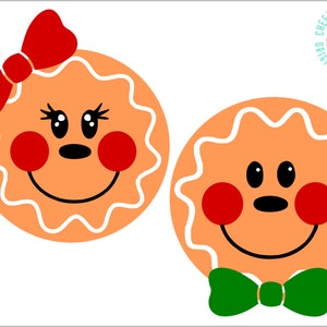Op de afbeelding: Twee gingerbread-mensen met lachende gezichten. De gingerbread-persoon links heeft een rode strik op zijn hoofd. De gingerbread-persoon rechts heeft een groene strik.