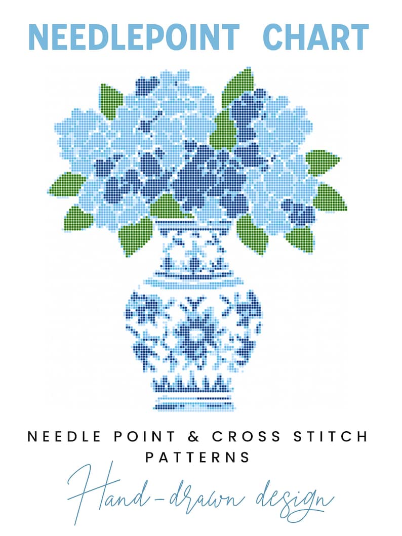 May include: A needlepoint chart featuring a blue and white vase filled with blue hydrangea flowers and green leaves. The text "NEEDLEPOINT CHART" is at the top, with "NEEDLE POINT & CROSS STITCH PATTERNS" and "Hand-drawn design" at the bottom.