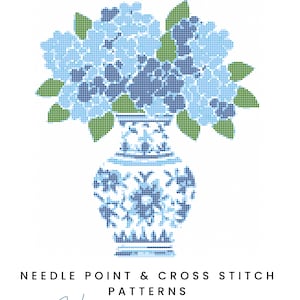 Könnte beinhalten: Ein Kreuzstichmuster mit einer blau-weißen Vase mit blauen Hortensien. Der Text "NEEDLEPOINT CHART" steht oben, mit "NEEDLE POINT & CROSS STITCH PATTERNS" und "Hand-drawn design" unten.