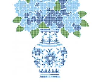 Motif hortensias – Chinoiserie Floral Grille de point de croix en téléchargement PDF