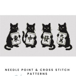 May include: Needlepoint chart featuring four black cats holding signs with Japanese characters. The design is in a pixelated style, with the text "NEEDLEPOINT CHART" at the top and "NEEDLE POINT & CROSS STITCH PATTERNS" at the bottom. The words "Hand-drawn design" are also present.