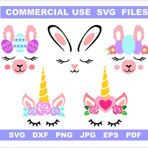 Puede incluir: Conjunto de seis archivos de corte SVG de caras de animales con tem&aacute;tica de Pascua. Las caras incluyen un conejito, una llama y dos unicornios. El conejito tiene orejas rosas y una cara blanca. La llama tiene orejas rosas y una cara azul claro con una corona de flores moradas. Los unicornios tienen orejas rosas y una cara blanca con un cuerno amarillo y una corona de flores. Un unicornio tiene un coraz&oacute;n rosa en la frente y el otro tiene una flor rosa.