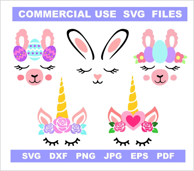 Puede incluir: Conjunto de seis archivos de corte SVG de caras de animales con tem&aacute;tica de Pascua. Las caras incluyen un conejito, una llama y dos unicornios. El conejito tiene orejas rosas y una cara blanca. La llama tiene orejas rosas y una cara azul claro con una corona de flores moradas. Los unicornios tienen orejas rosas y una cara blanca con un cuerno amarillo y una corona de flores. Un unicornio tiene un coraz&oacute;n rosa en la frente y el otro tiene una flor rosa.