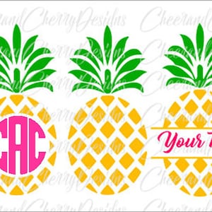 Puede incluir: Tres siluetas de piña amarilla con hojas verdes. La piña de la izquierda tiene un círculo rosa con las letras CAC dentro. La piña del medio tiene un patrón de diamante. La piña de la derecha tiene el texto "Your Text" en rosa.