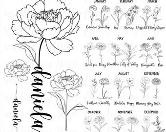 Birthday flower SVG PNG bundle, Birthday Svg files Birth month flowers Layered svg for Cricut Wild flowers Cut File Customize With Names