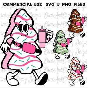 May include: A set of four digital clipart images of cartoon Christmas trees walking and carrying a pink cup. The trees are decorated with pink and green stripes and white sprinkles. The trees are brown, green, red and white.