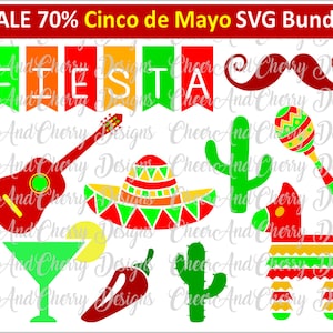 Cinco de mayo SVG bundle, Cinco de mayo clipart, Mexico SVG for Fiesta Clip Art Pinata Sombrero Guitar Maracas Silhouette Cricut Scrapbook