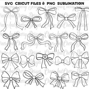Pacchetto Bow SVG - 18 fiocchi Coquette PNG Disegnati a mano Nastro Clipart Girly Svg Ragazza morbida Estetica Matrimonio Taglia File Cricut Linea vintage arte