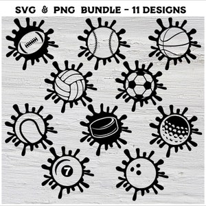 Sport Bälle Bundle 11 Bilder Splash Fußball Baseball Softball SVG Drip Basketball Fußball Splatter Volleybal Golf Tennis Hokey Bowling