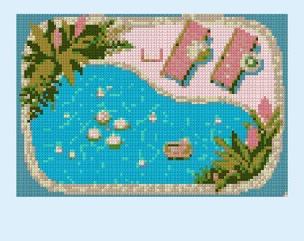 Summer Pool Needlepoint Pattern – Palisade Cross stitch chart with symbols Preppy Needle Point PDF 13 & 18 mesh DMC colors floss numbers
