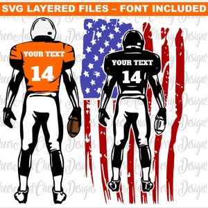 Aangepaste voetbal speler SVG PNG bundel 4 ontwerpen voetbal SVG gelaagde voetbal seizoen SVG Cricut voetbal vlag SVG gratis lettertype namen nummers
