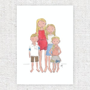 May include: A hand-drawn illustration of a family with four people. The family is made up of two girls with long blonde hair, a boy with short blonde hair, and a woman with long blonde hair. The woman is wearing a red dress, the girls are wearing blue and pink dresses, and the boy is wearing a white shirt and brown shorts.