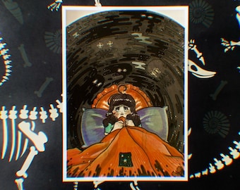 May include: A watercolor illustration of a person in bed, curled up under a blanket with a starry pattern. The person is crying and appears to be afraid of the dark shadows surrounding them.