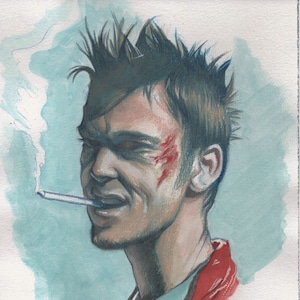 May include: A watercolor painting of a man with spiky hair, a red jacket, and a cigarette in his mouth. He has a cut on his cheek and a serious expression on his face.
