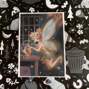 May include: A watercolor illustration of a fairy pouring tea from a copper teapot. The fairy has light skin, red hair, and large, iridescent wings. The background is a dark night sky with stars, and the fairy is wearing a green dress.