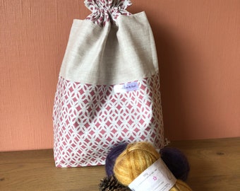 Reversible drawstring project bag, sock sack. Knitting or crochet gift bag. Geometric print, autumn rose colour.