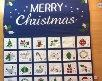 Reusable advent calendar. Hand made in the UK. Cream fabric backing.