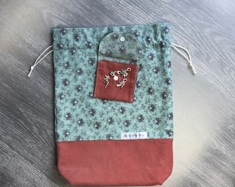 Medium drawstring project bag with matching notions pouch and stitch markers. Knitting or crochet bag. Needle cord fabric and cotton lining.